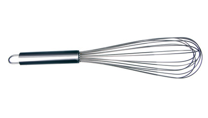 Kitchen metal whisk on white background isolation, top view