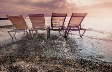 Morning on central public beach of Eilat - famous tourist resort and recreational city in Israel and Middle East