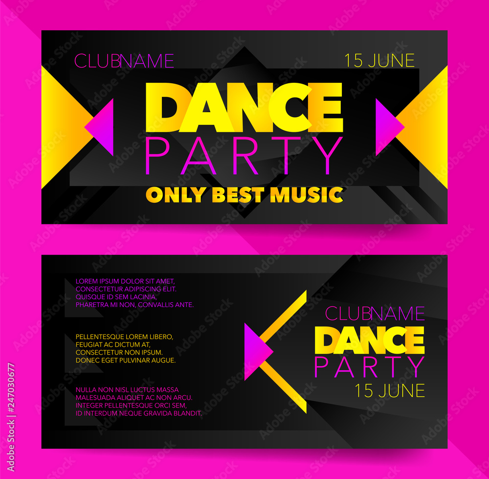 Poster set of two horizontal dance party card template with color graphic elements and text.
