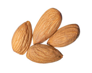 Almond nuts on white background isolation, top view