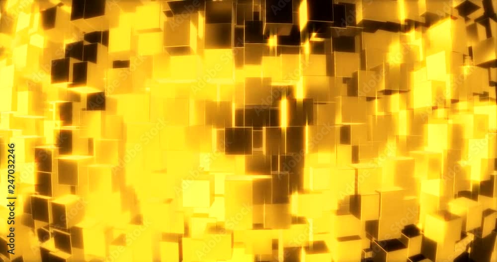 Poster abstract graphics background with golden cubes on a sphere. 3d rendering