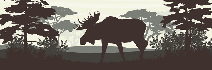 Silhouette. Elk with big horns on the background of deciduous forest. The nature of Canada, USA, Scandinavia and Europe. Realistic vector landscape.