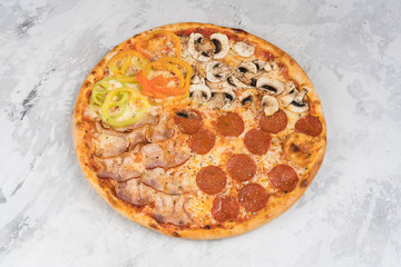 Italian pizza with two different flavors on a white background isolated top view of tasty and appetizing