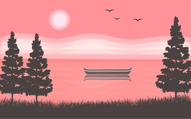 Panoramic lanscape. Vector illustration of nature. View with tree, grass, river, mountain, forest, lake, reflection, boat, birds, sun, sunset, sunrise, pines.