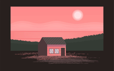 Panoramic lanscape. Vector illustration of nature. View with tree; grass; river; mountain; forest; lake; pine; sun; house; reflection