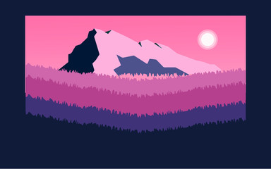Panoramic lanscape. Vector illustration of nature. View withmountain; sky; fog; hills; pines; trees; grass; sun; violet;
