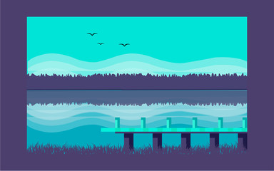 Panoramic lanscape. Vector illustration of nature. View with forest; hills birds; sky; pier; grass; fog