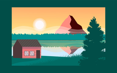 Panoramic lanscape. Vector illustration of nature. View with tree, grass, river, mountain, forest, lake, pine, sun, house, reflection