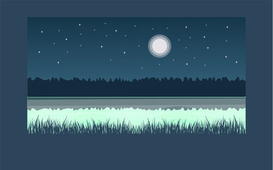 Panoramic lanscape. Vector illustration of nature. View with tree; grass; mountain; forest; pines; sun; hills; night; stars