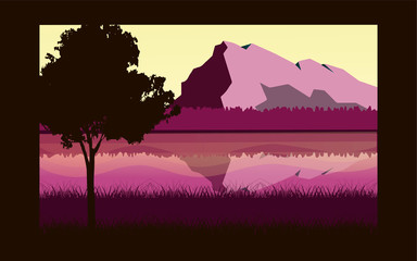 Panoramic lanscape. Vector illustration of nature. View with tree, grass, river, mountain, forest, lake, reflection