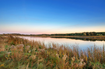 Fototapeta na wymiar Lake at sunset in summer with vegetation on coast