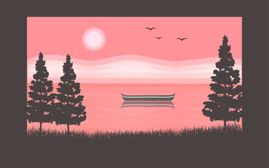 Panoramic lanscape. Vector illustration of nature. View with tree; grass; river; mountain; forest; lake; reflection; boat; birds; sun; sunset; sunrise; pines