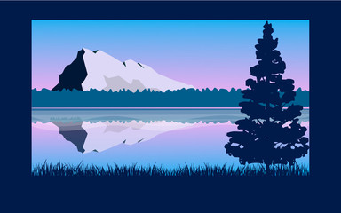 Panoramic lanscape. Vector illustration of nature. View with tree; grass; mountain; forest; hills; pine