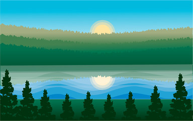 Panoramic lanscape. Vector illustration of nature. View with sun, sky, hills, mountains, forest,pines, tress,lake, river, reflection, fog.