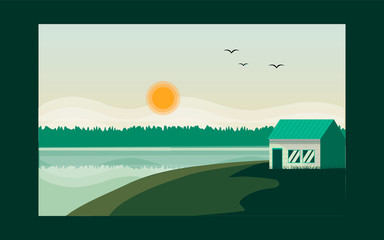 Panoramic lanscape. Vector illustration of nature. View with mountain; sky; birds; fog; house; hills; pines; tress; grass; sun; river; lake; reflection