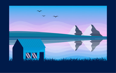 Panoramic lanscape. Vector illustration of nature. View with tree; grass; river; mountain; forest; lake; pine; sun; house; reflection; birds