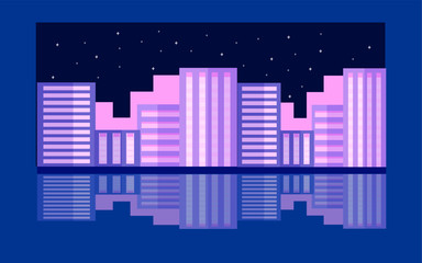 Panoramic lanscape. Vector illustration of nature. View with city; lights; river; lack; reflection; stars