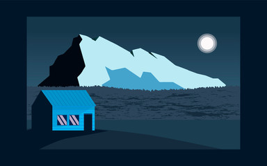 Panoramic lanscape. Vector illustration of nature. View with tree; grass; mountain; forest; moon; pine; sun; house