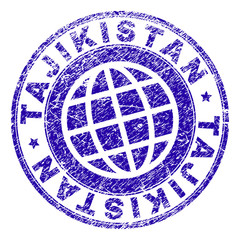 TAJIKISTAN stamp watermark with grunge texture. Blue vector rubber seal print of TAJIKISTAN label with grunge texture. Seal has words placed by circle and globe symbol.