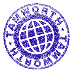 TAMWORTH stamp print with grunge texture. Blue vector rubber seal imprint of TAMWORTH tag with dirty texture. Seal has words arranged by circle and planet symbol.