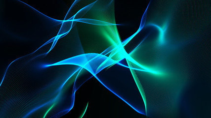 The embodiment of dark fantasies. Flying ribbons in space. Network connection structure. Abstract digital banner. 3D rendering.