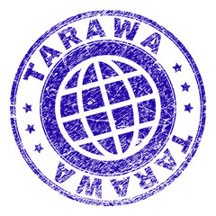 TARAWA stamp watermark with grunge effect. Blue vector rubber seal imprint of TARAWA tag with grunge texture. Seal has words arranged by circle and globe symbol.