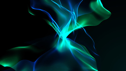 The embodiment of dark fantasies. Flying ribbons in space. Network connection structure. Abstract digital banner. 3D rendering.