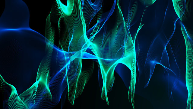 The embodiment of dark fantasies. Flying ribbons in space. Network connection structure. Abstract digital banner. 3D rendering.