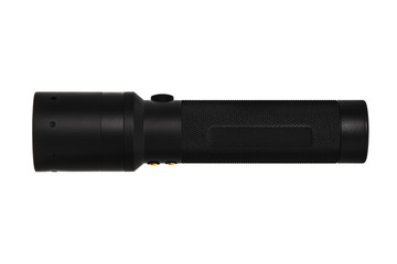 modern black metal flashlight isolated on white