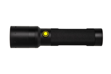 modern black metal flashlight isolated on white