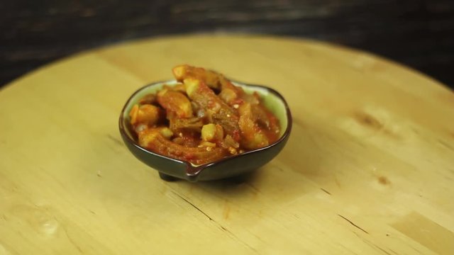 Bamiah, okra, bamia in tomato sauce, onion and olive oil.  Tasty and delicious Mediterranean food