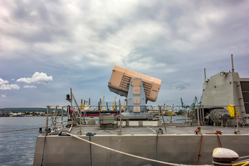 The cassette missile system onboard a frigate.A dangerous weapon. The battery of guns for the...