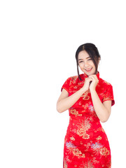 Asian woman in Chinese dress traditional cheongsam isolate on white background. Chinese new year Concept.