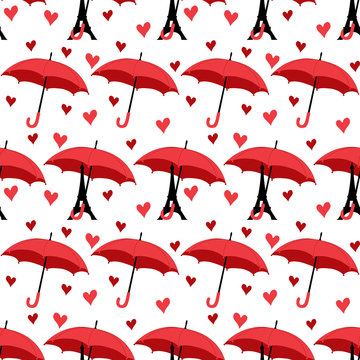 seamless pattern with eiffel tower with umbrella and hearts. vector
