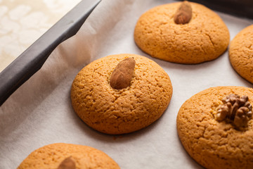 Crunchy biscuits with almonds. Warm Homemade Cookies topped with Sugar