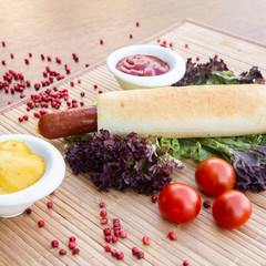 Hot dog with grilled sausage, ketchup, mustard, lettuce and tomatos. Traditional american fast food.
