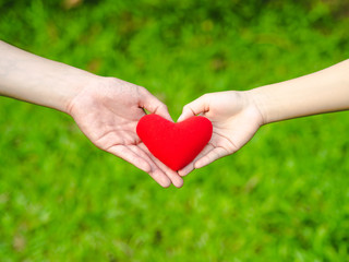 Obraz na płótnie Canvas Man and woman heart shape hands hold the red heart. Couple, Love, Valentine'sDay Concept.