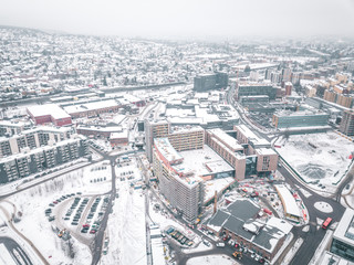 Incredible air view from drone of Oslo covered with snow, Norway 