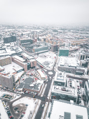 Incredible air view from drone of Oslo covered with snow, Norway 