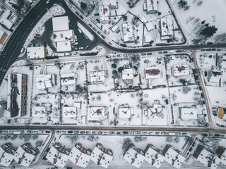 Incredible air view from drone of Oslo covered with snow, Norway 