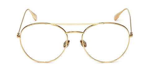 Gold glasses metal in round frame transparent for reading or good eye sight, front view isolated on...