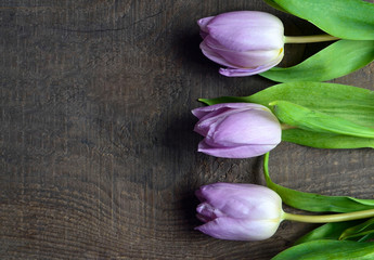 Spring flowers decoration with pink tulips border on old wooden table with copy space.Springtime holidays concept.Soft focus.
