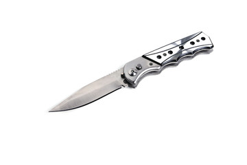silver folding knife on a white background close-up