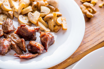 fried pieces of meat and mushrooms on a white plate