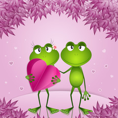 an illustration of a couple of frogs with hearts in Valentine day