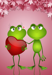 an illustration of a couple of frogs with hearts in Valentine day