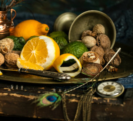 set of fresh vegetables and walnut on the table. healthy food and vitamins
