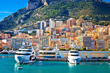 Monte Carlo yachting harbor and colorful waterfront view - obrazy, fototapety, plakaty