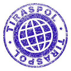 TIRASPOL stamp print with grunge texture. Blue vector rubber seal print of TIRASPOL label with retro texture. Seal has words placed by circle and planet symbol.