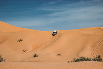 Fototapeta na wymiar Trip in the Sahara Desert with offroad car, driving on the sandy dunes